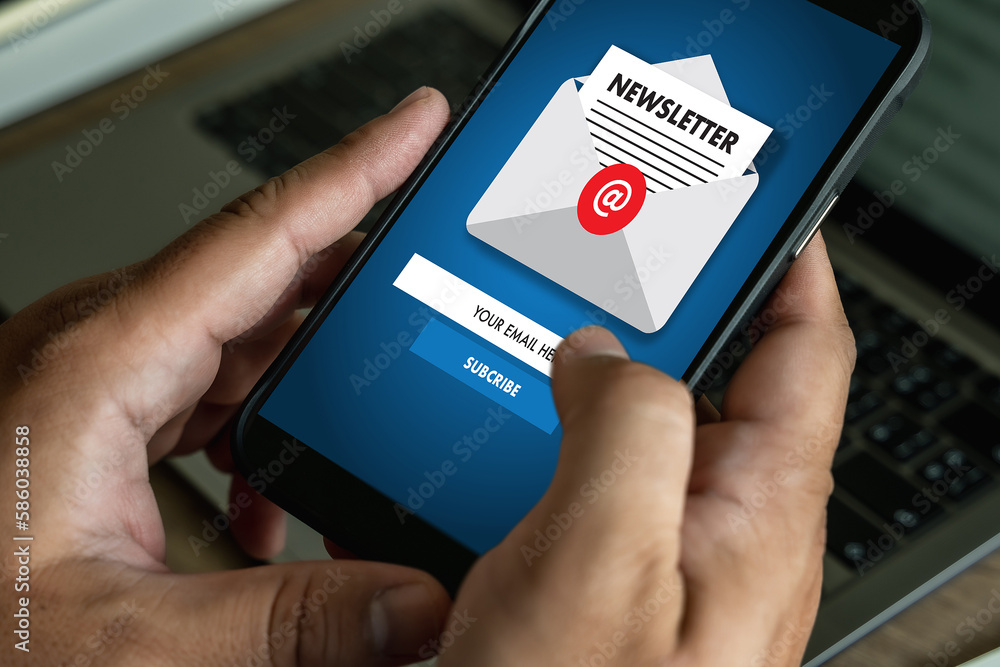 Poster man signup page subscribe newsletter concept on tablet and smartphone screen on mobile