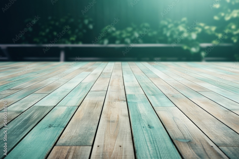 Poster minimalist wooden floor with a rustic bench in the background created with generative ai technology