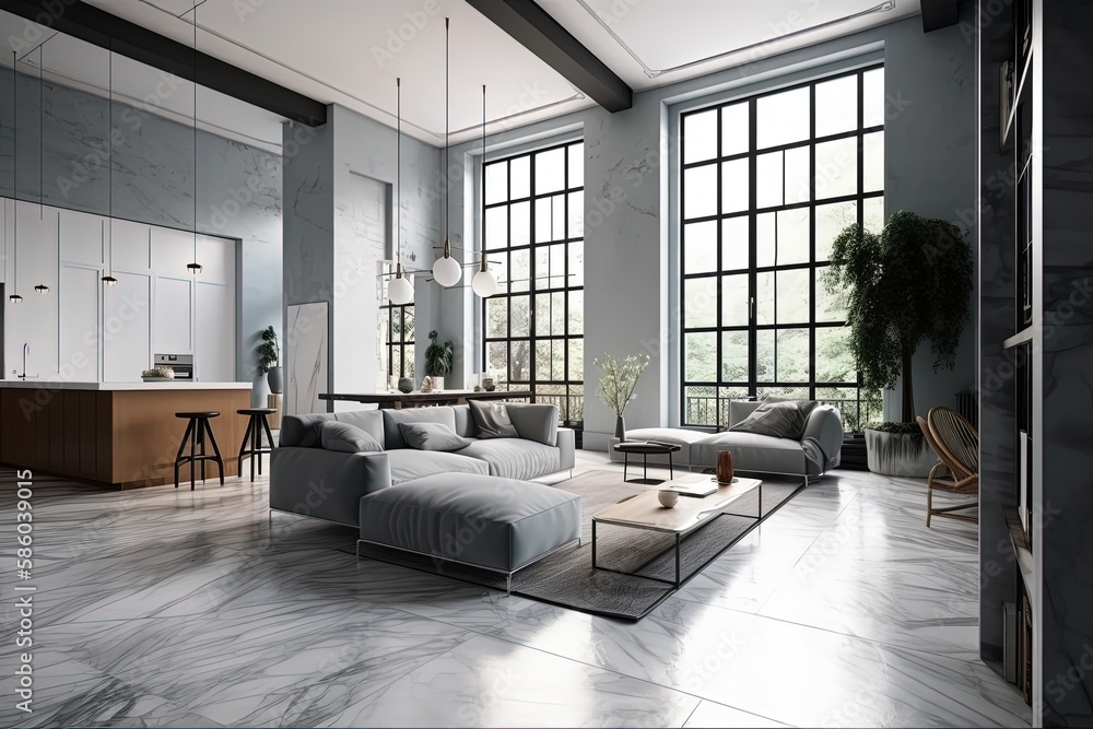 Poster spacious living room filled with natural light from multiple windows created with generative ai tech