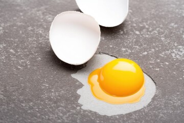 broken egg on a lead background, broken egg with raw yolk close-up on the floor