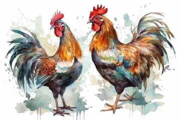 Fototapeta premium Illustration of two vibrant roosters standing side by side created with Generative AI technology
