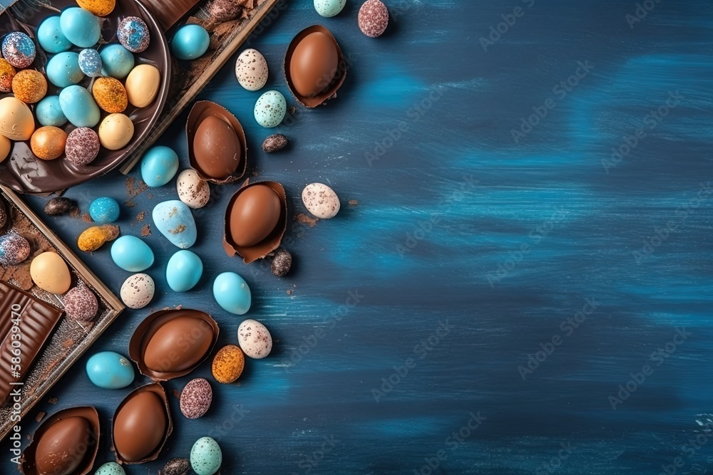 Poster table filled with colorful chocolate easter eggs created with generative ai technology