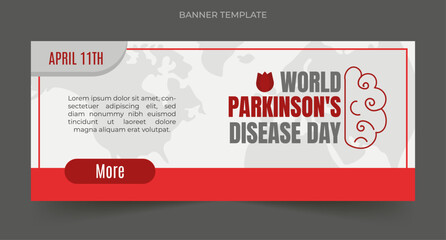 World Parkinson's disease Day, April 11, red web banner, vector illustration editable, world map, and tulip with copy space