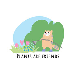 Plants are friends is hand drawn plant and pet cat. Cute cat and watering can and home plant. Scandinavian cartoon style design. Great for children's print, covers, scrapbooking, games, applications