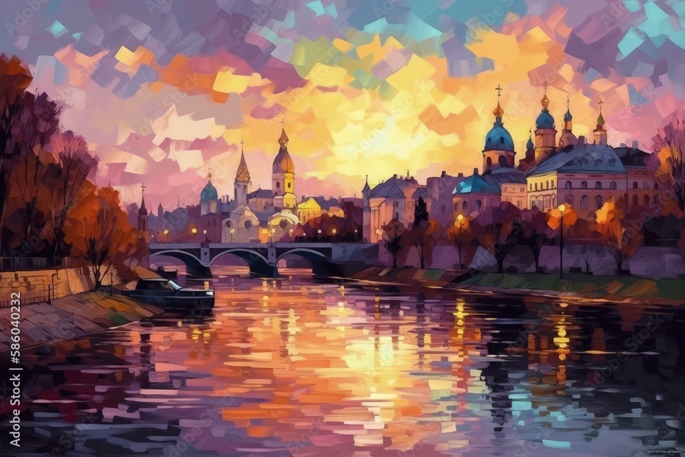 Poster scenic view of a river with a bridge and cityscape in the background created with generative ai tech