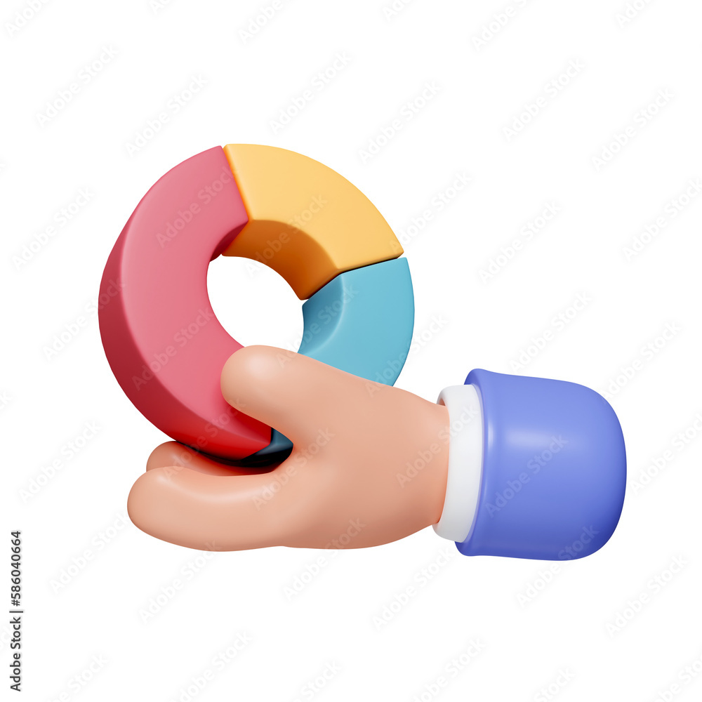 Poster 3d hand and pie chart with graphs. colorful financial. concept of control of finance and bank. icon 