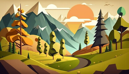 Beautiful Summer Grassland Pop art Deco Landscape Painting, ai art