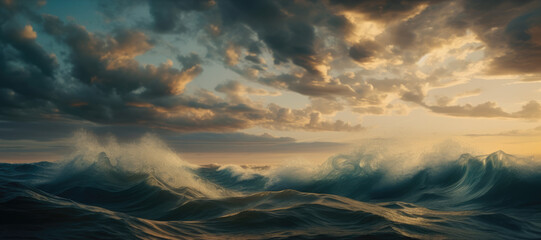 Obraz premium Pacific ocean waves near dusk, deep sea summer sunset, warm weather cumulus rain clouds forming, fading orange sunlight, calming panoramic view, distant horizon - generative AI 