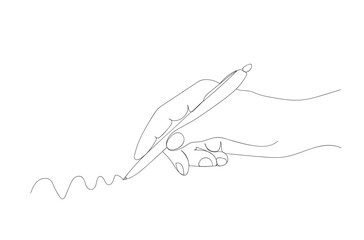 continuous one line drawing of a hand with a pen in the fingers.