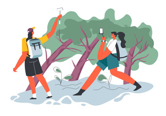 Fototapeta premium Friends hiking or traveling in forest or park