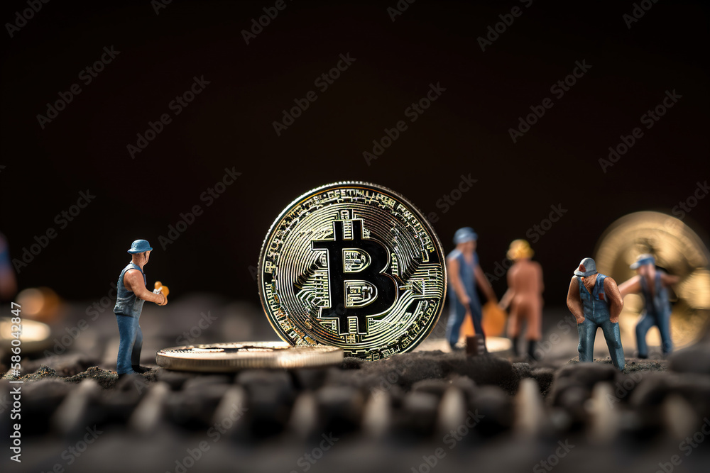 Poster miniature people: worker and miner working with bitcoin on black background. generative ai