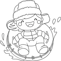 a vector of a girl on a snow sled in black and white coloring