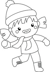 a vector of a girl with a snowball in black and white coloring