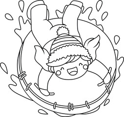 a vector of a girl on a snow sled in black and white coloring