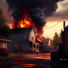 burning house in a small town, stock image