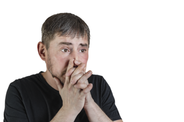 Portrait of an attractive bearded man of European appearance, with a slight gray hair, on an isolated white background. Horror, negative emotions. Expression of emotions of a man.