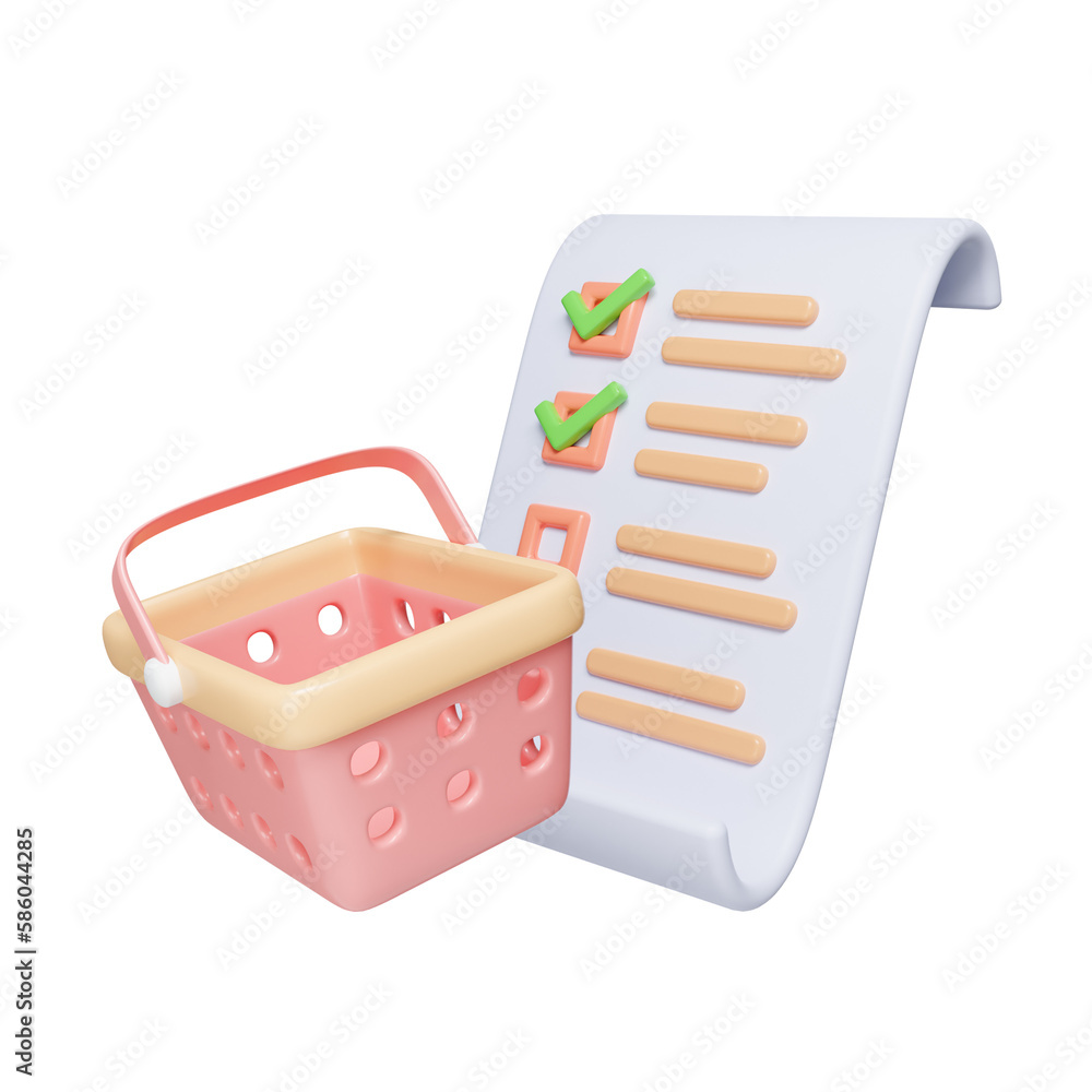 Poster shopping list with correct mark and shopping basket. order checklist task clipboard for store. sell 