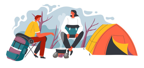 Camping man and woman sitting by fire and tent