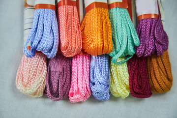A set of multicolored cords for creativity and decor. The concept of hobbies and crafts.