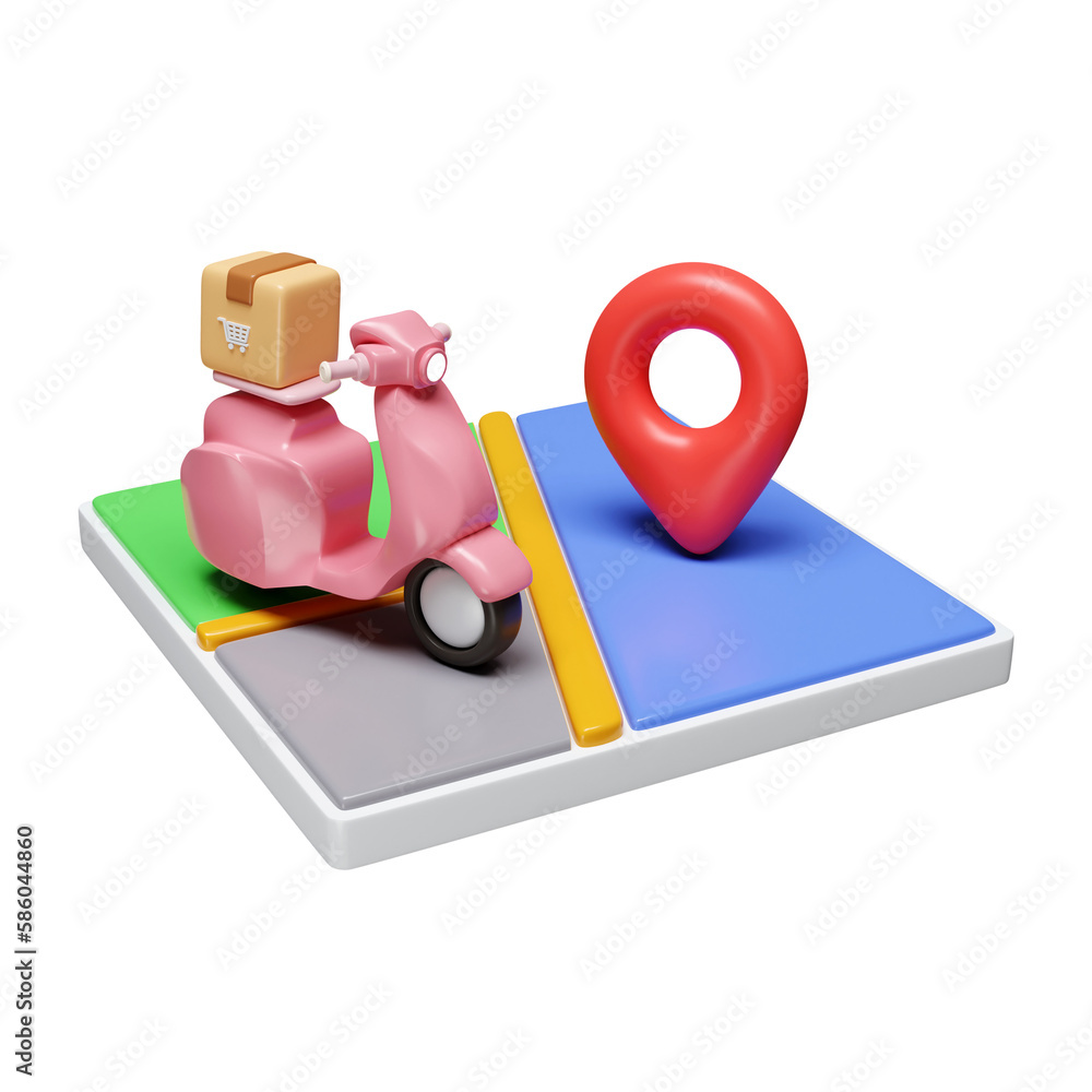 Poster 3d delivery scooter on the road with cardboard boxes and location pointer shopping online delivery e