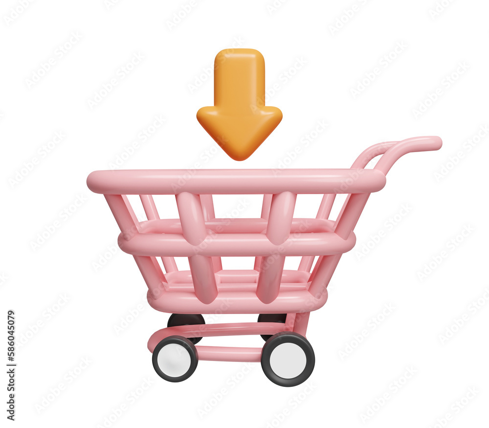 Poster 3d arrow points down to the cart. to indicate that a product has been added to the shopping cart for