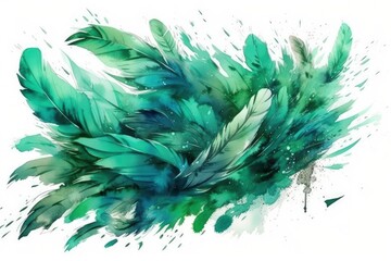 Illustration of Green Feathers on a White Background: A Vibrant and Colorful Painting created with Generative AI technology