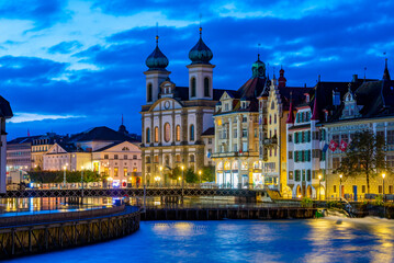 Night view of Saint Francis Xavier church at Swiss town Luzern