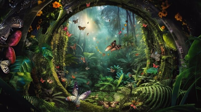 Beautiful fantasy enchanted forest with butterflies, flowers and copy space. Fairy tale outdoor background. AI generative image.