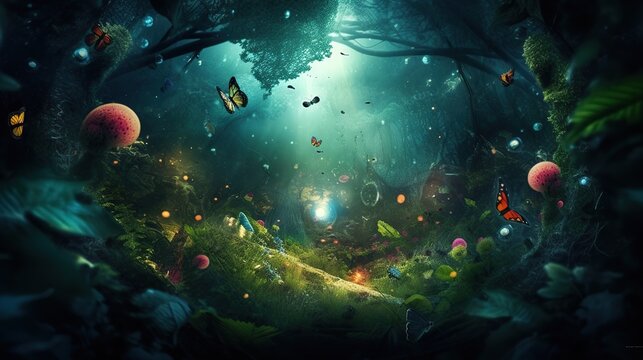 Beautiful and mysterious enchanted forest with mushrooms, fireflies, butterflies and other creatures and plants. Copy space in the middle, outdoor nature background. AI generative image.