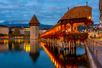 Night view of Kapellbruecke at Swiss town Luzern
