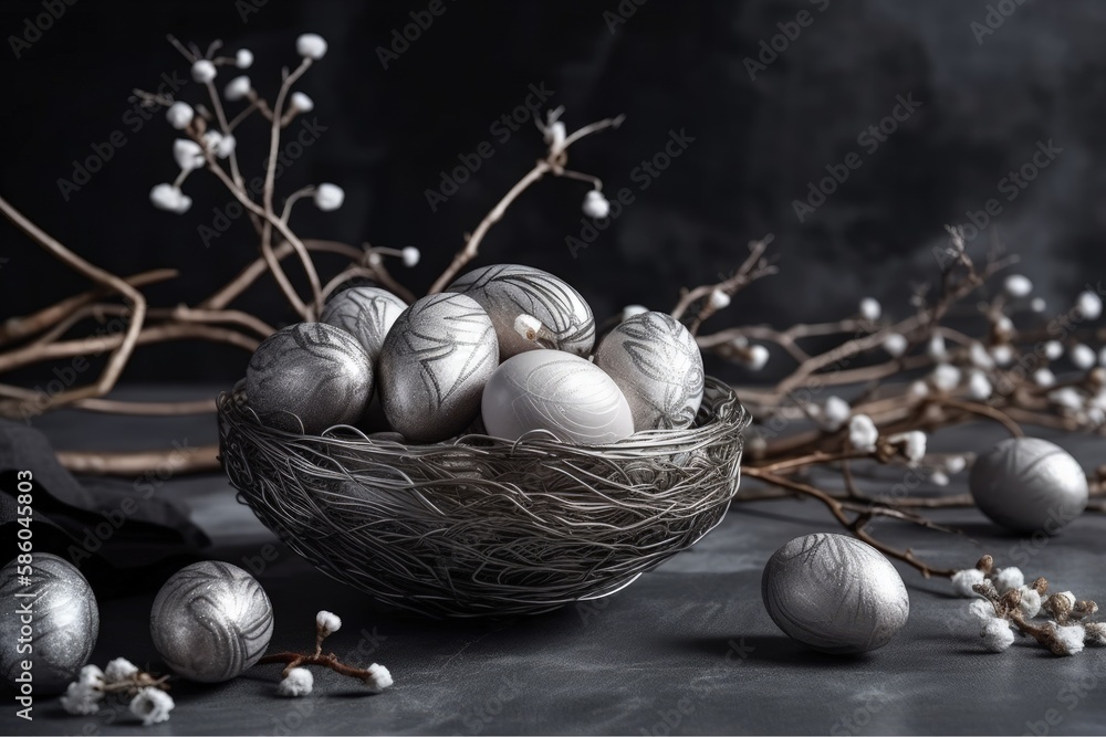 Poster basket filled with shiny silver eggs placed beside blooming branches created with generative ai tech