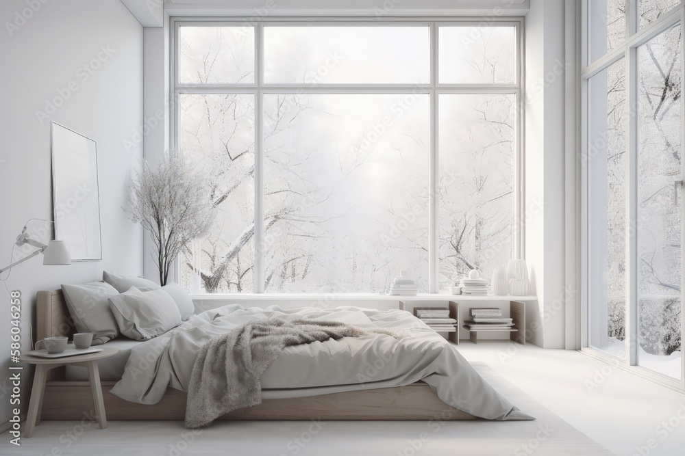 Poster cozy bedroom with a scenic view from a large window and a comfortable bed created with generative ai