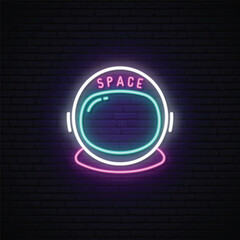 Neon astronaut sign. Glowing astronaut helmet icon on dark brick wall background. Space icon. Vector illustration.