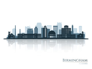 Fototapeta premium Birmingham skyline silhouette with reflection. Landscape Birmingham, Alabama. Vector illustration.