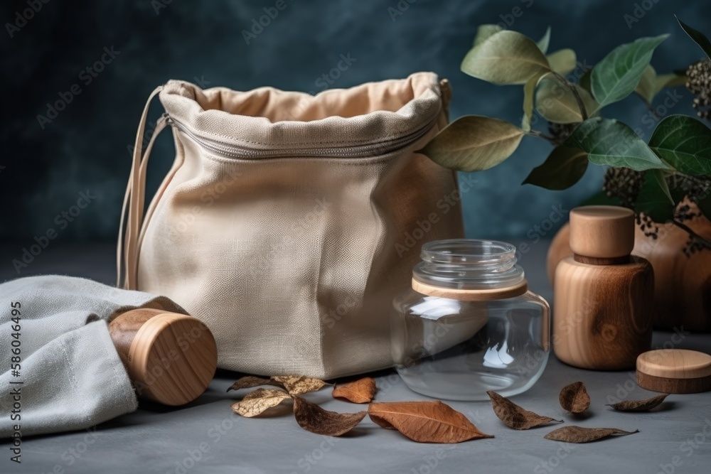 Aufkleber bag and vase with leaves on a table created with generative ai technology