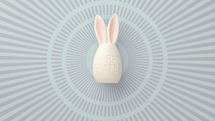 A bunny shaped easter egg in the middle of the frame on pastel blue background