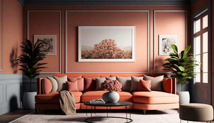 Cozy interior. Minimalistic living room design with terracotta color accents.