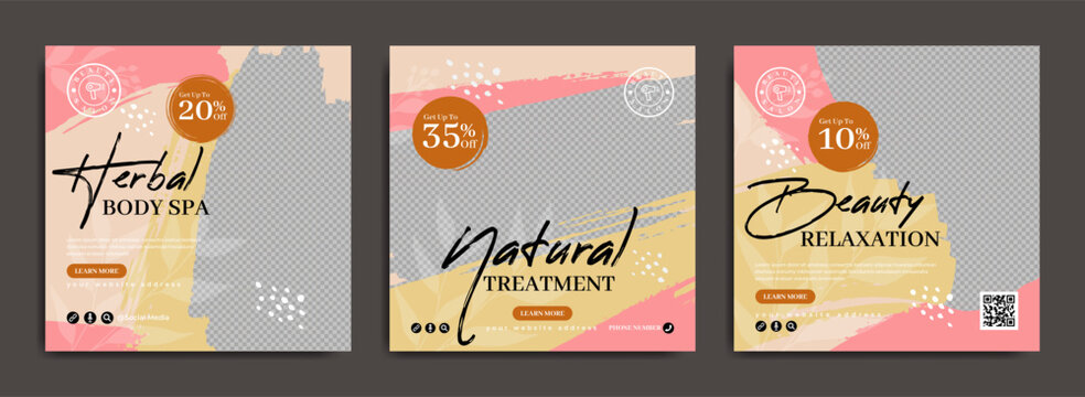 Beauty salon and spa business marketing social media banner post template. Cosmetic product advertisement poster with brush stroke. Skin makeup or body massage parlor online service promotion flyer.