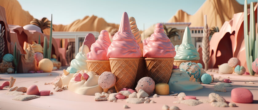 Colorful 3D illustration of ice cream treats set against a desert oasis backdrop