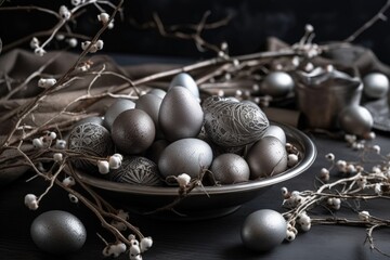 shiny silver bowl filled with Easter eggs on a wooden table created with Generative AI technology