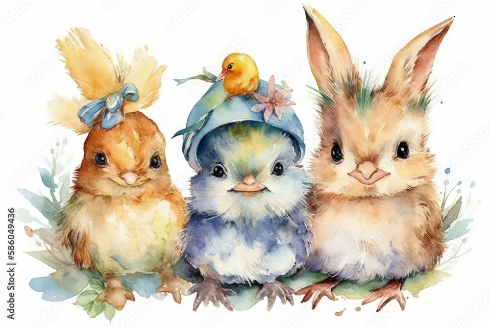 Poster illustration of three cute rabbits sitting together in a field created with generative ai technology
