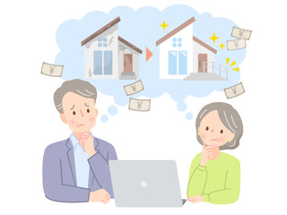 家のリフォームを考えるシニア夫婦のイラスト素材