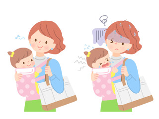 赤ちゃんを抱っこして外出する若いママの表情セット