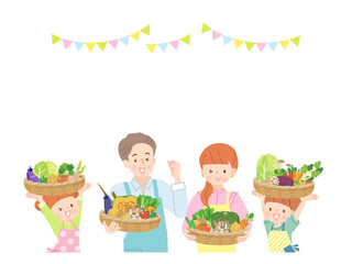 籠に入った野菜を持った元気な家族