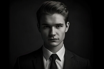 serious young man with slicked back hair in suit created with Generative AI technology
