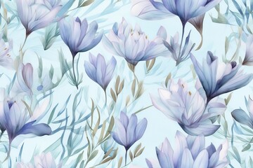 Illustration of purple flowers painted with watercolors on a blue background created with Generative AI technology