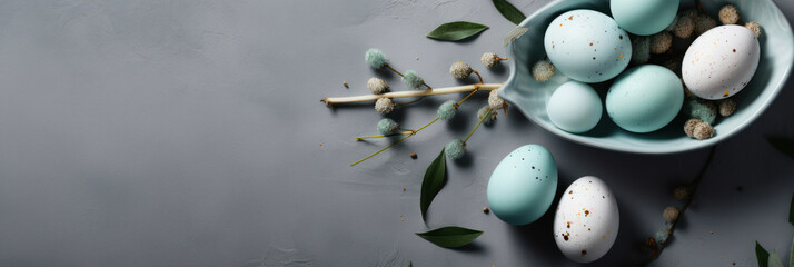 Easter banner header with copy space. Easter blue eggs on a concrete background and spring flowers. Photorealistic illustration generative AI.