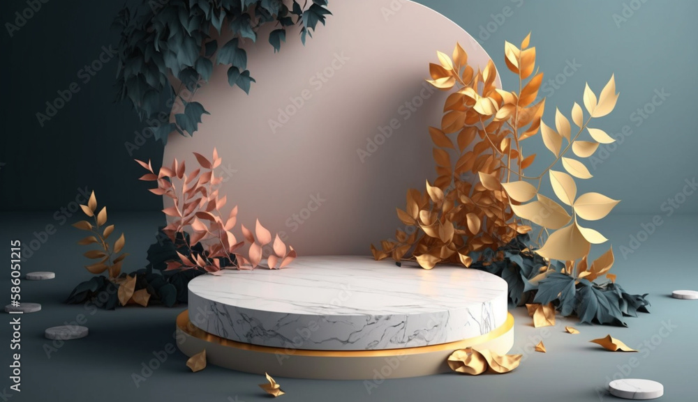 Poster marble floor with leaves background mockup for product placement with generative ai