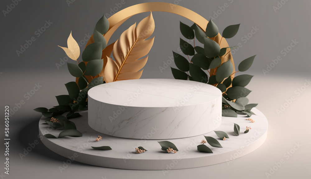 Poster marble floor with leaves background mockup for product placement with generative ai