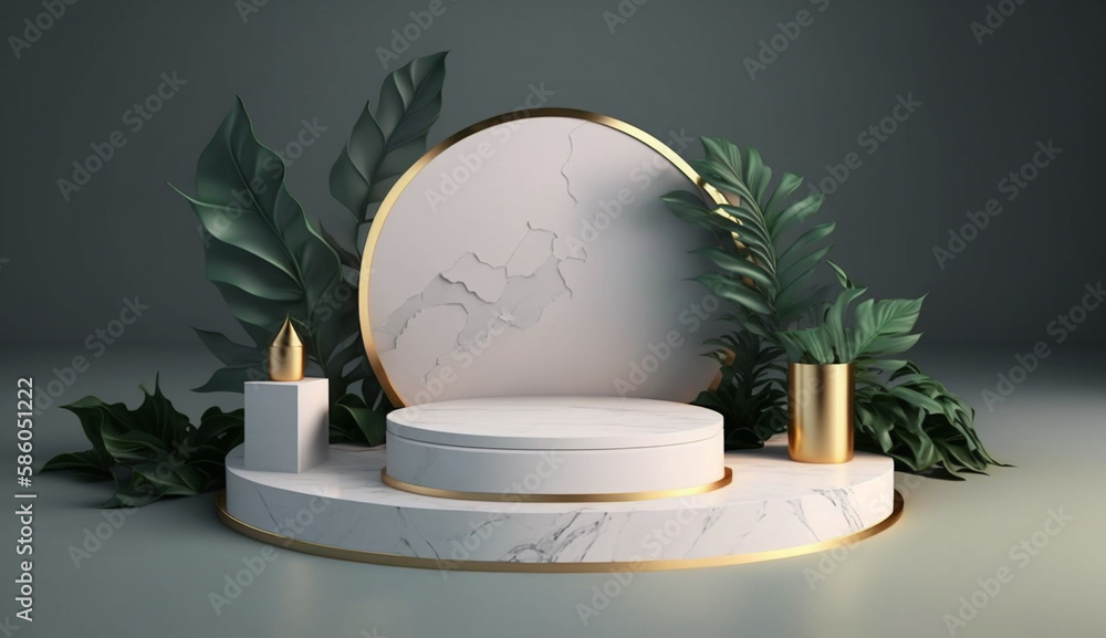 Poster marble floor with leaves background mockup for product placement with generative ai